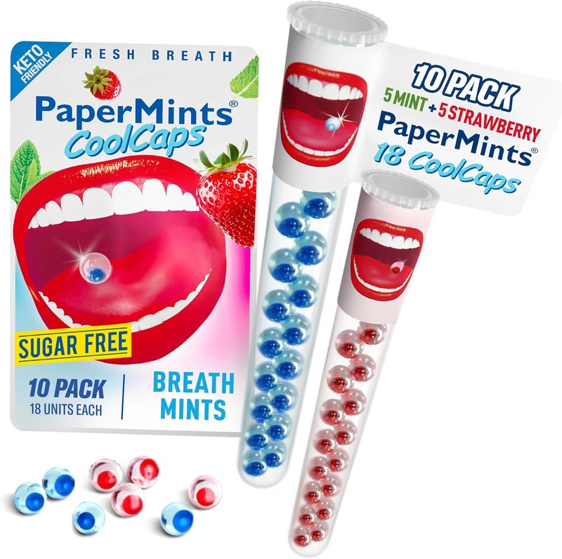 PaperMints CoolCaps Sugar-Free Breath Mints - Variety Pack of 10 Tubes with 18 Capsules Each - Image 3